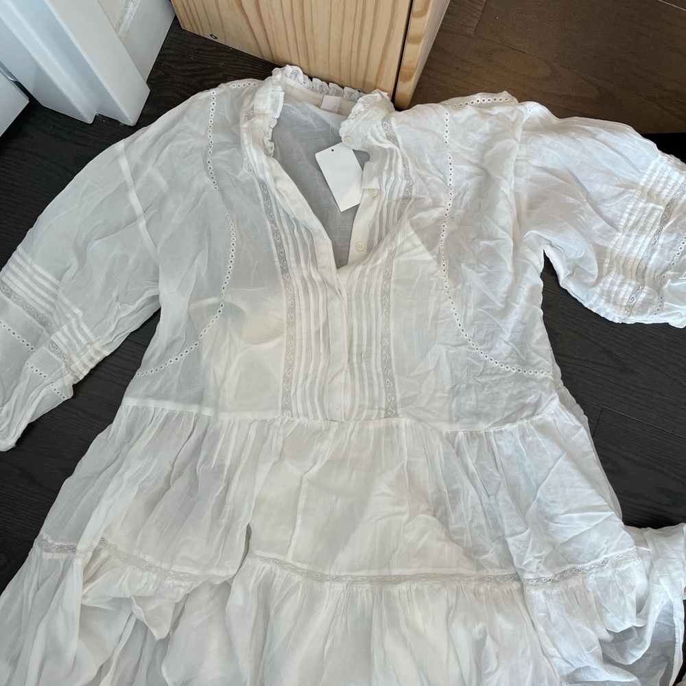 H&M Ruffled White Mini Embroidered  Oversize Dress